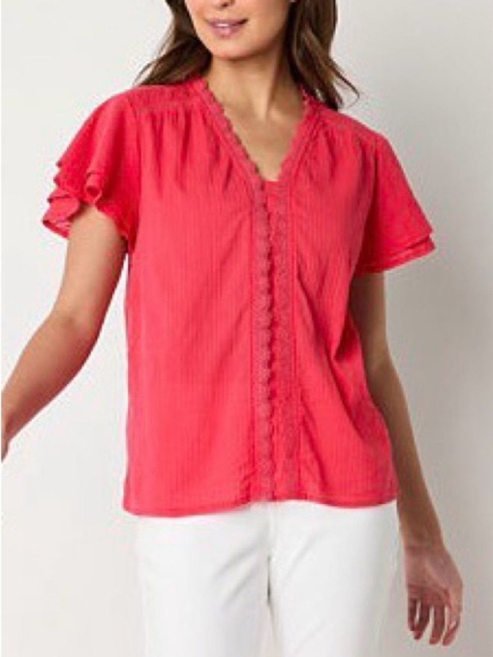 Liz Claiborne salmon/pink colored Lace-Trim Short Sleeve Blouse